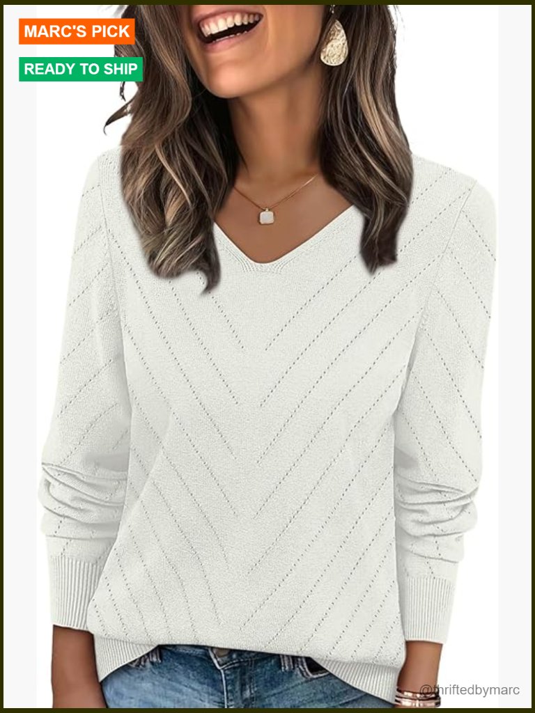 V Neck Knit Sweater Lightweight Long Sleeve Pullover Fall Top